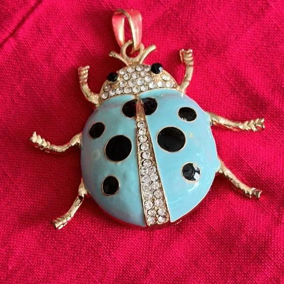 Betsy Johnson turquoise with black spots lady bug pendant gold tonecrystal - Picture 5 of 8